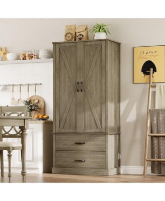 65" Tall Kitchen Pantry Cabinet, Kitchen Cabinet with 2 Drawers & Barn Doors, Farmhouse Storage Cabinet with particleboard