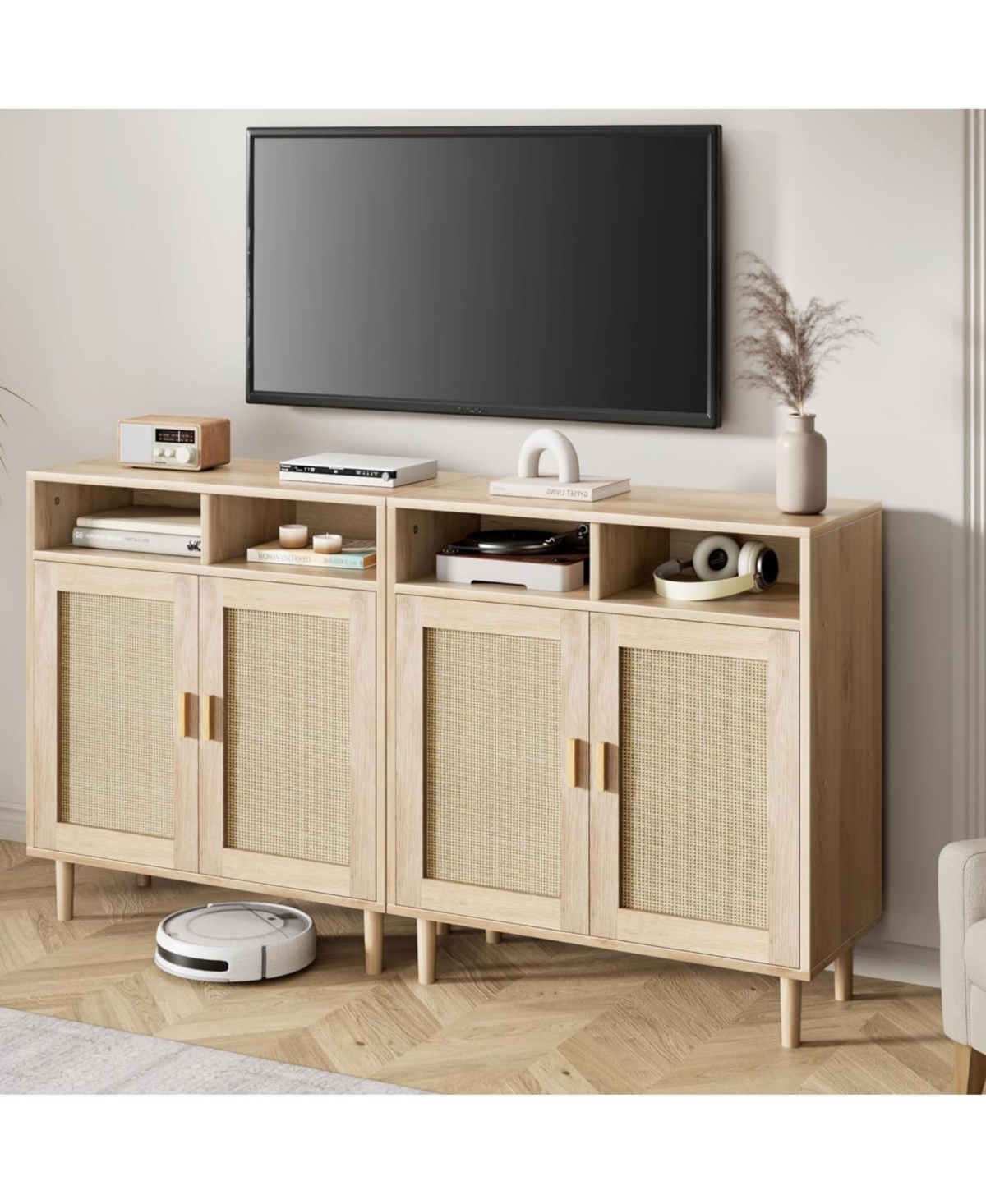 gaomon Sideboard Buffet Storage Cabinet, Rattan Kitchen Cabinet with 2 Doors/Shelf 2pcs