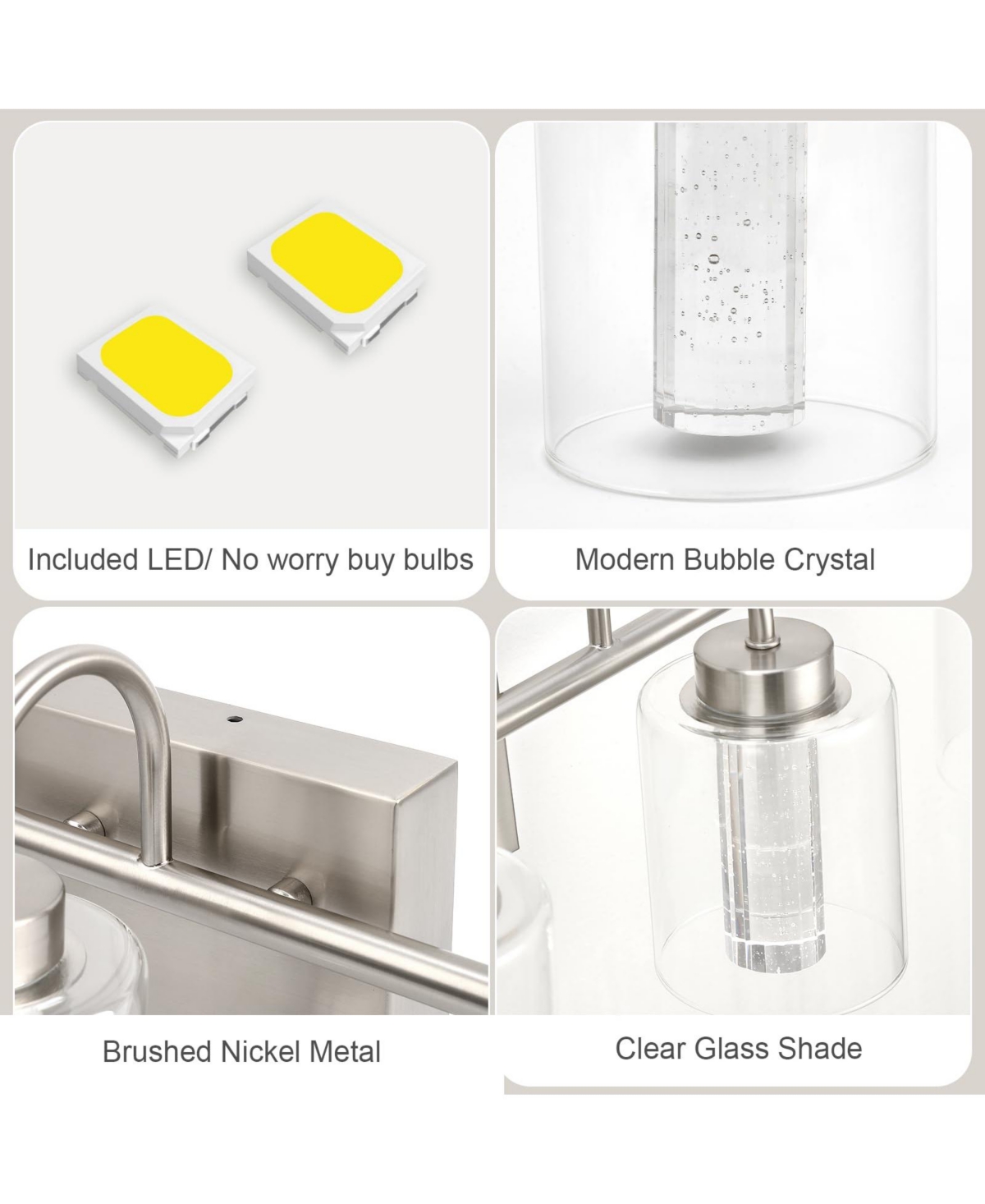 gaomon 3 Light Brushed Nickel Bathroom Light Fixtures, Vanity Lights Crystal Bubble Glass Dimmable 3 Color