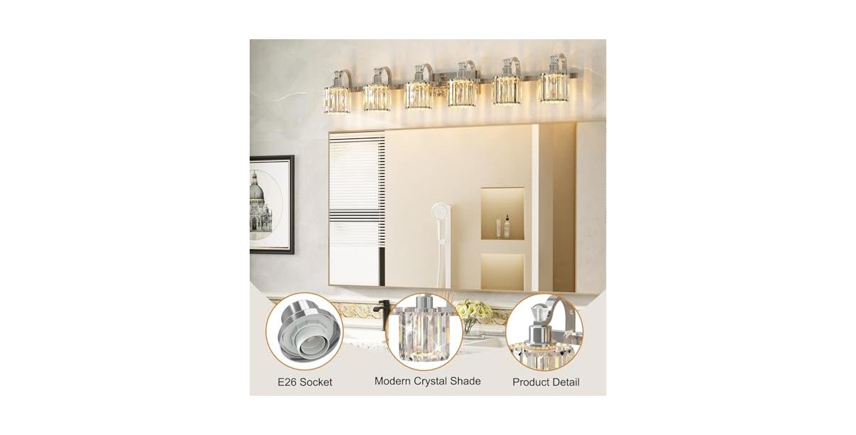 gaomon 6 Light Crystal Vanity Lights for Bathroom,Vanity Light Fixtures Over Mirror Chrome Stainless Steel Vanity Light
