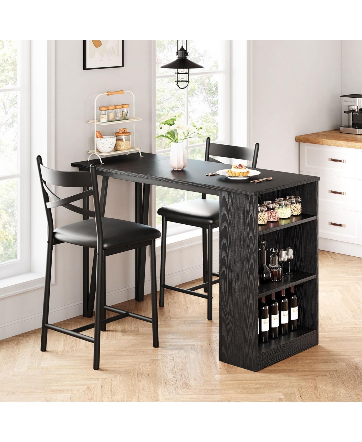 gaomon Dining Table Set for 2, Kitchen Bar Table and Chairs for 2, 3-Piece Kitchen Table Set with 2 Upholstered Chairs,- Black