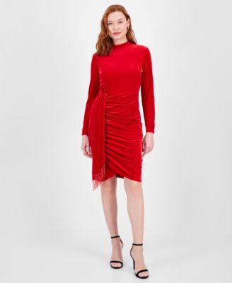 Tahari ASL - Women's Beaded Stretch-Velvet Mock-Neck Dress