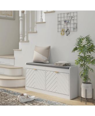 Shoe Bench with 2 Flip Drawers, Cushion, 8 Pairs for Entryway, White
