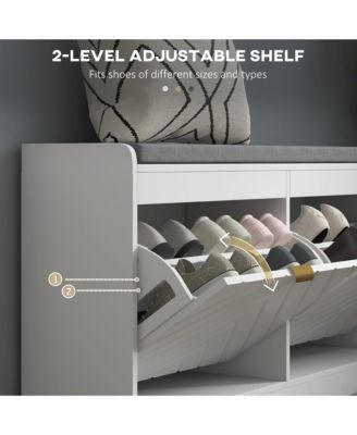 Shoe Bench with 2 Flip Drawers, Cushion, 8 Pairs for Entryway, White