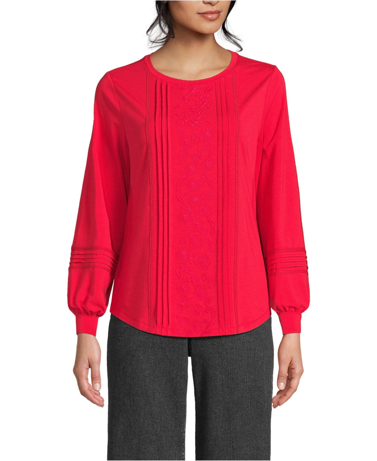 Lands' End Women's Long Sleeve Lightweight Jersey Pintuck Embroidery Top