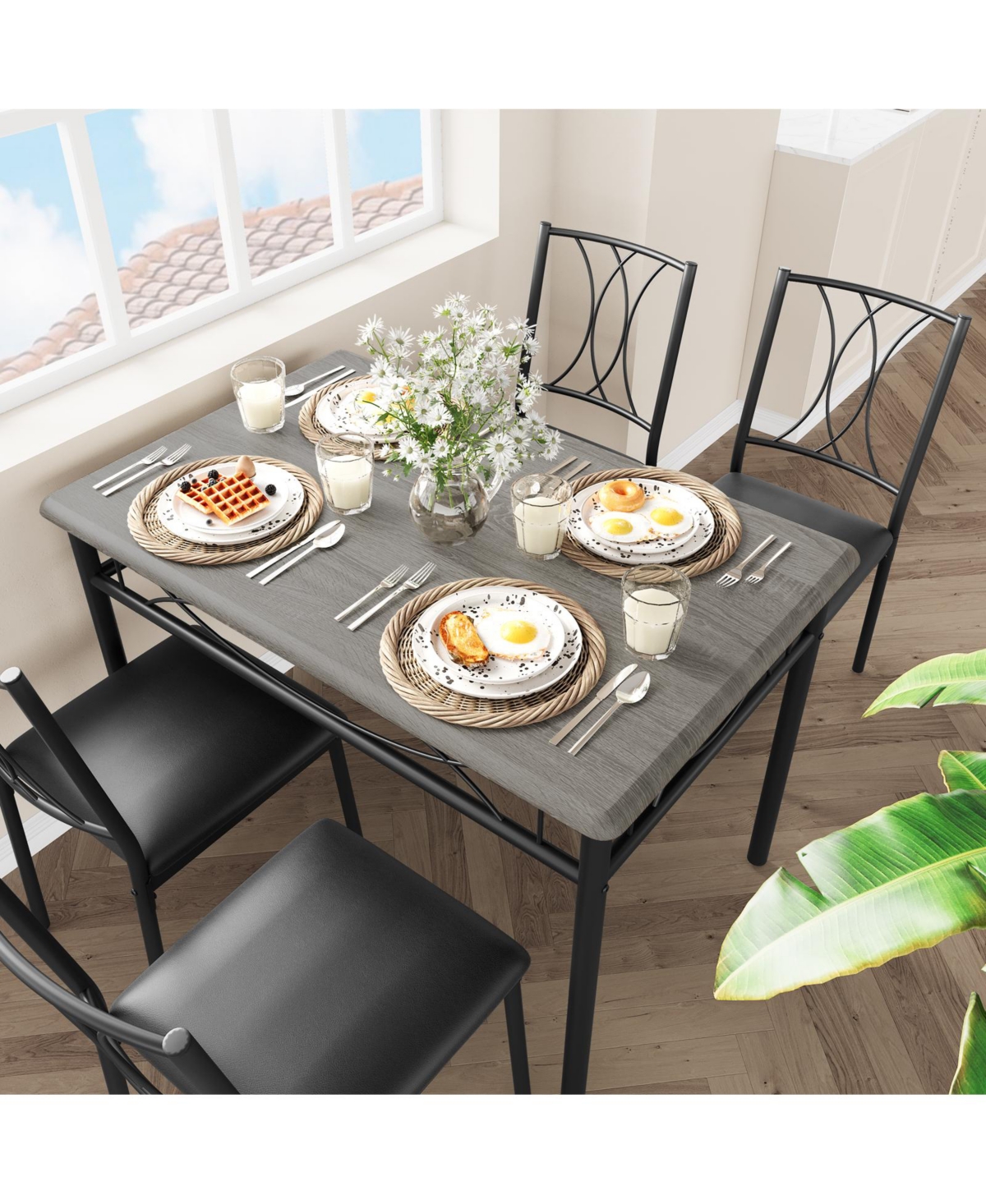 gaomon Dining Table Set for 4, Kitchen Table and Chairs, Dining Room Table Set with 4 Upholstered Chairs,Kitchen Table Set- Grey