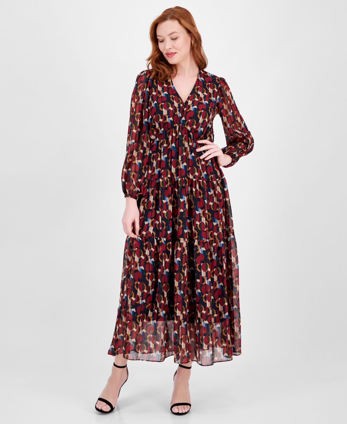 Shop Robbie Bee Women's Printed V-neck Long-sleeve Dress In Black,mult