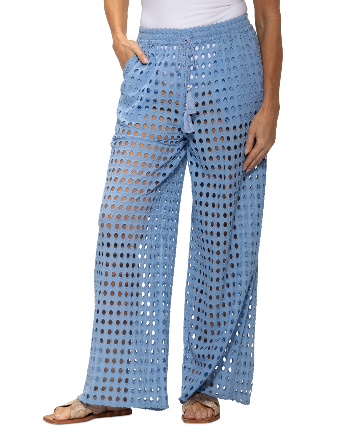 DOTTI WOMEN'S COTTON OPENWORK DOT DRAWSTRING-WAIST PANTS 