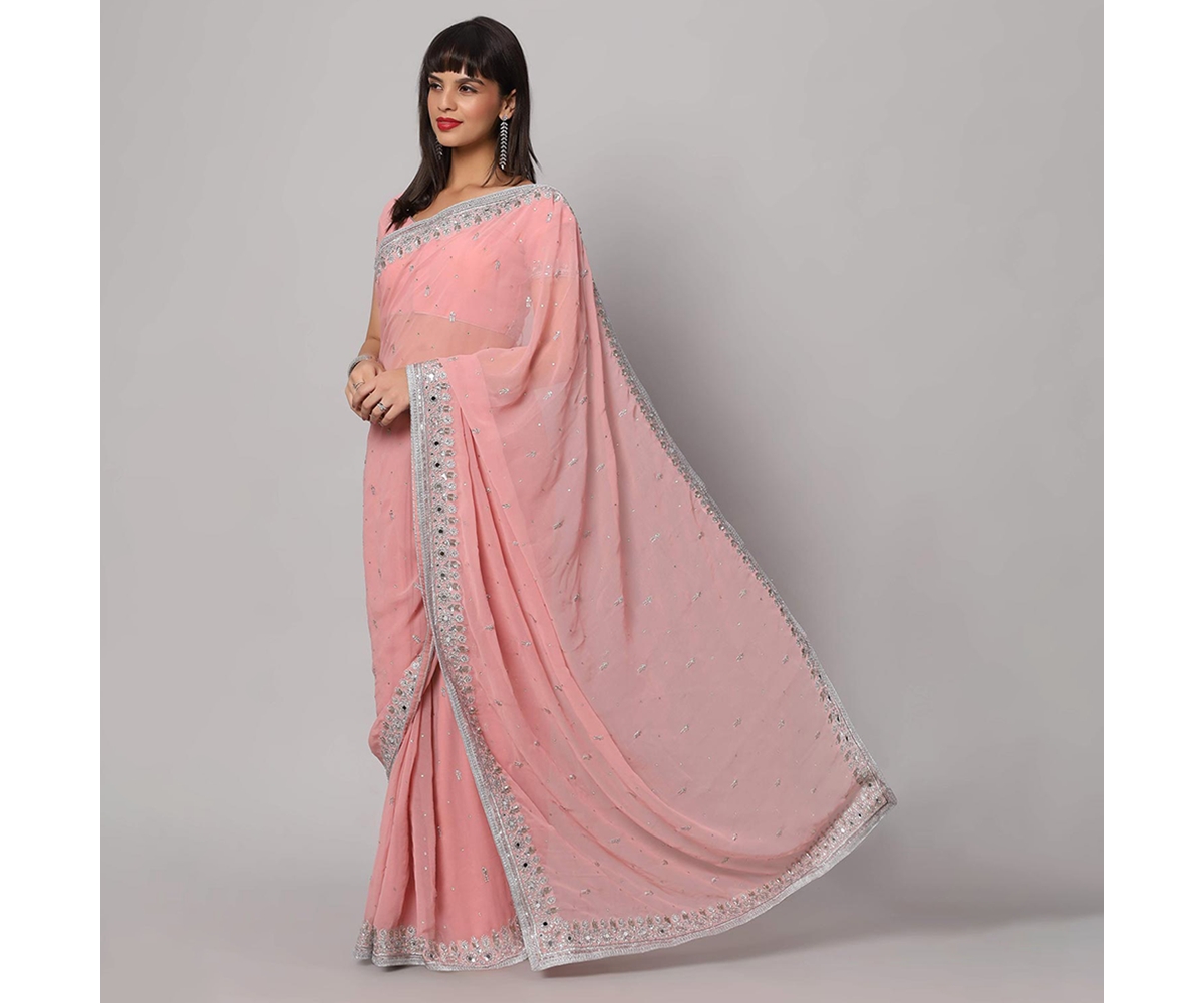 One Minute Saree Petite Aaliya Dusty Rose Silver Embroidered Mirror Work Ready to Wear Sari