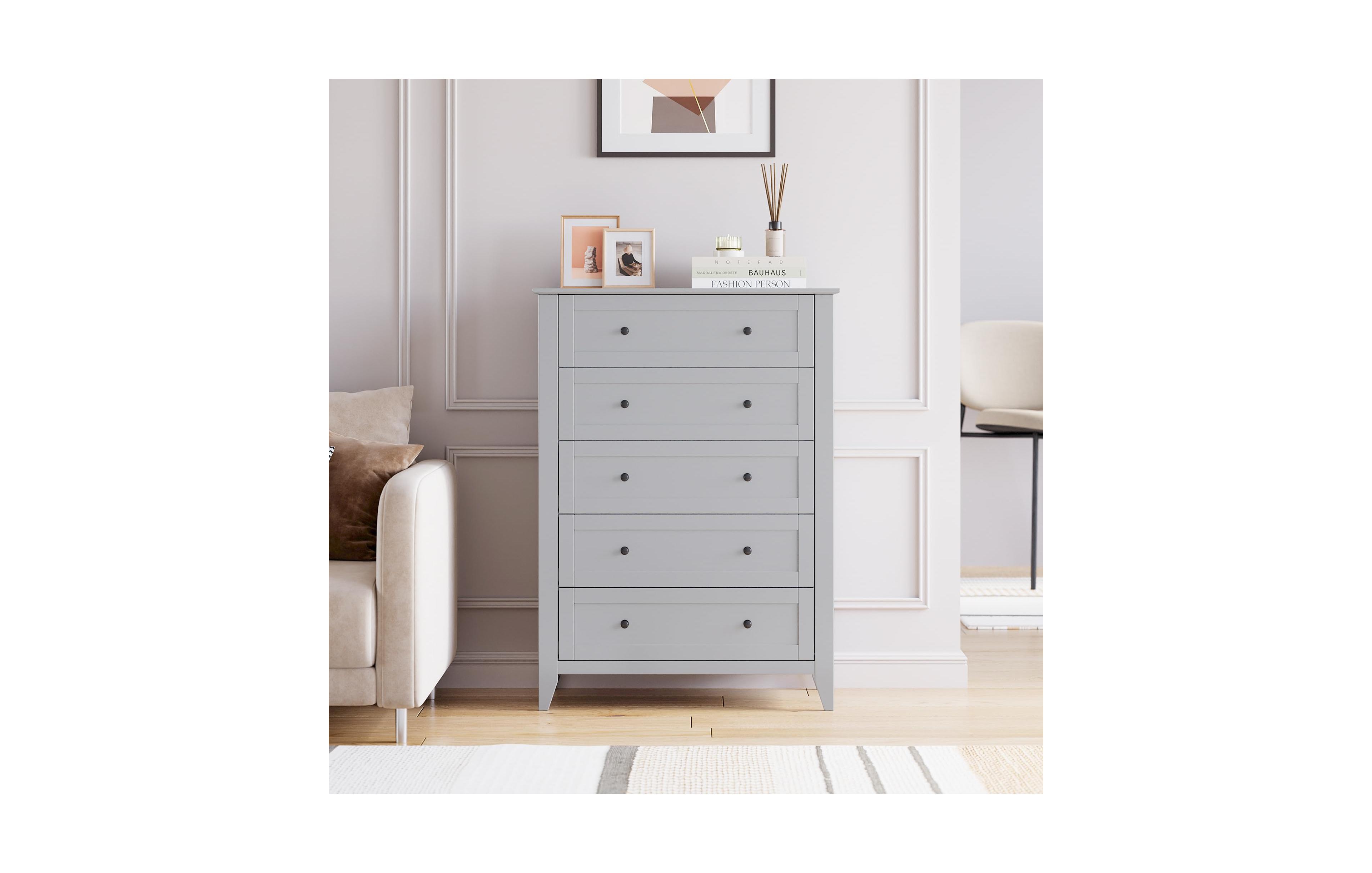 gaomon White 5 Chest of Drawer Dresser, Modern Tall Nightstand with Deep Drawers and Nickel Round Handle
