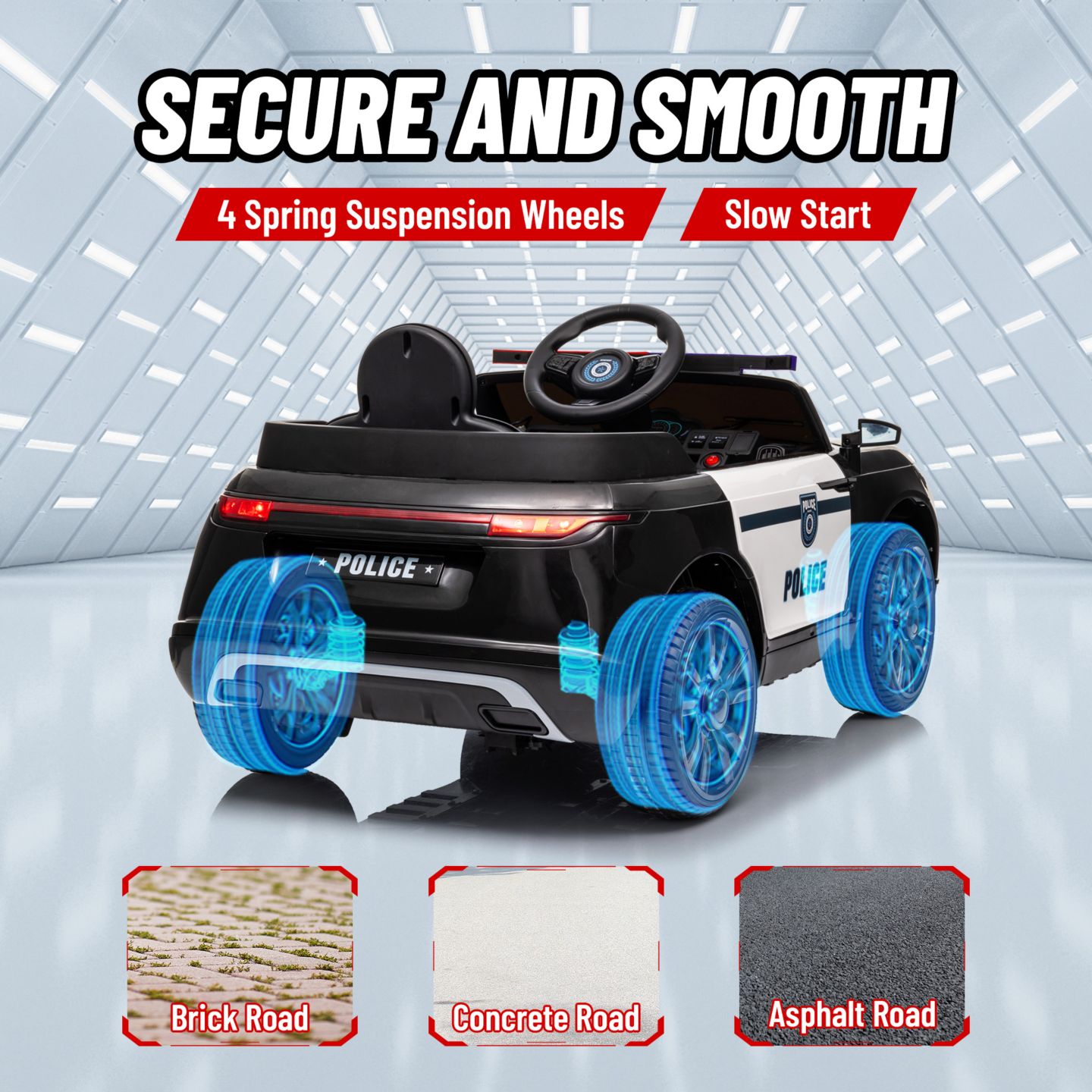 Детская игрушка Qaba 12V Police Patrol Ride-On Car with Remote Control and Adjustable Speeds, 55 lbs., Ages 3-7, цвет: Чёрный — фото 8