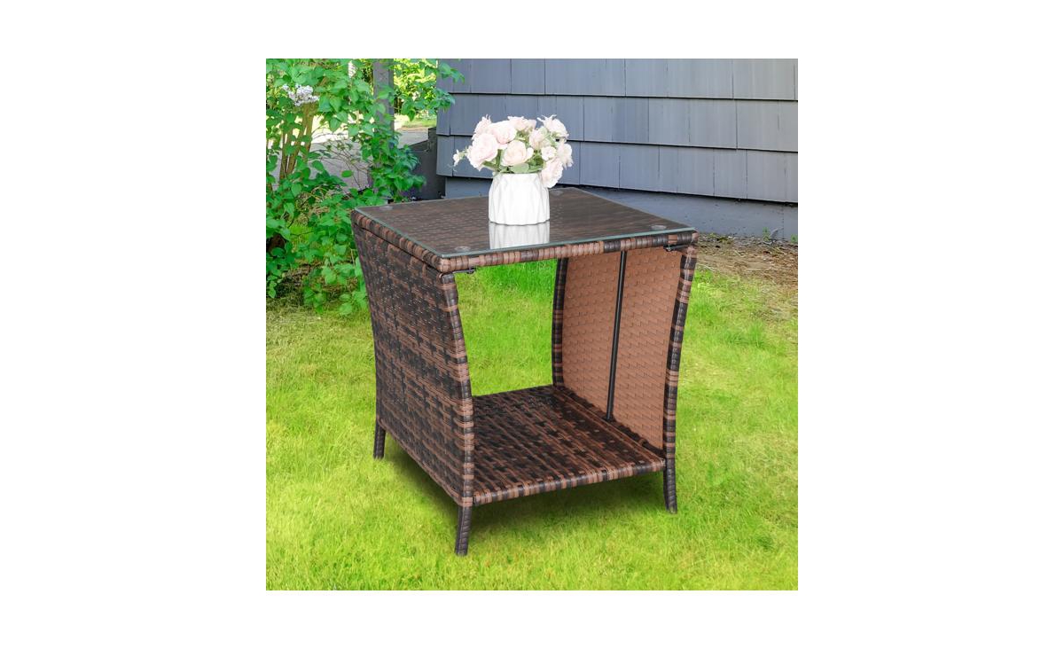 SlickblueGradient Iron Frame Rattan Side Table with Glass Surface - Elegant Design - Brown