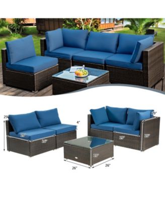 5 Pieces Cushioned Patio Rattan Furniture Set with Glass Table