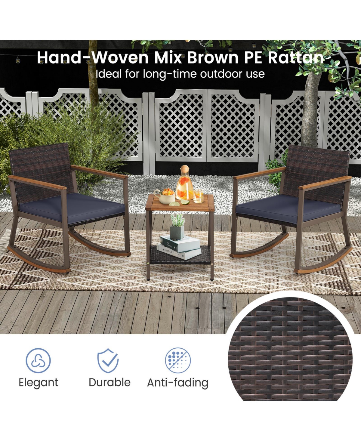 Sugift 3 Pieces Rattan Rocking Bistro Set with Coffee Table and Cushions