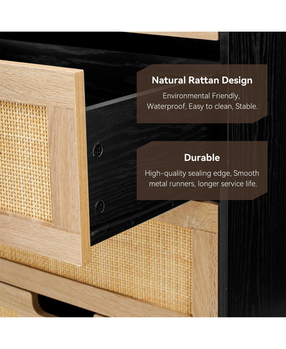 gaomon Modern Rattan 5 Drawers Dresser, Double Dresser for Bedroom, Chest of Drawers Closet Organizers and Storage Clothes