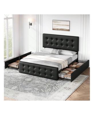 gaomon Linen Upholstered Bed Frame with Headboard, 4 Storage Drawers, Wooden Slats, Button Tufted Design, No Box Spring Needed, Easy to Assemble - Full