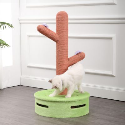 Rosa 36" Modern Jute Cactus Cat Scratching Post with Flower Toys and Built-In Bell Toys, Pink/Green