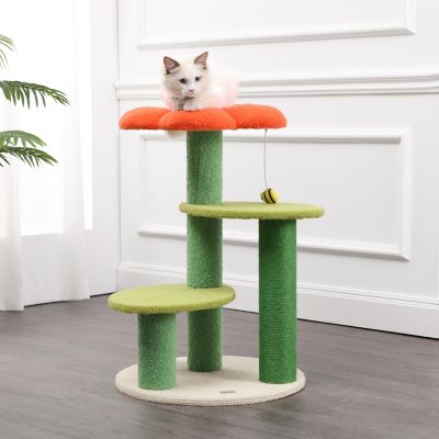 Poppy 29" 3-Tier Modern Jute Flower Cat Tree with Dangling Toy, Orange/Green