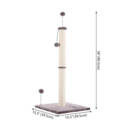 Rylie 38" Farmhouse Sisal Pillar Cat Scratching Post with Fuzzy Toys and Spring Balls, Gray/Cream