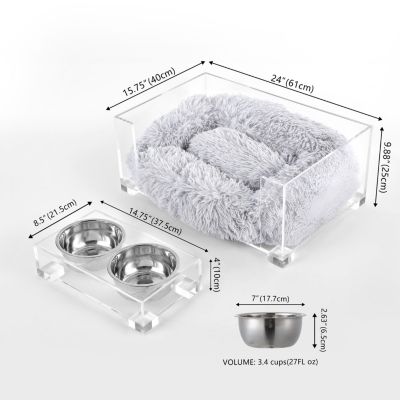 Billie 24" x 15.75" Small Modern Acrylic Calming Fluffy Pet Bed with Washable Cushion and 4" Elevated Pet Feeder with 27 oz 2-Stainless Steel Bowls, Light Gray/Clear (Set of 2)