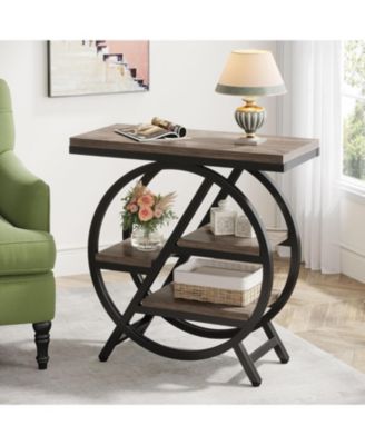 End Table Set of 2, 3-Tier Narrow End & Side Table with Storage and with Geometric Metal Frame, Industrial Nightstand and Bedside Table