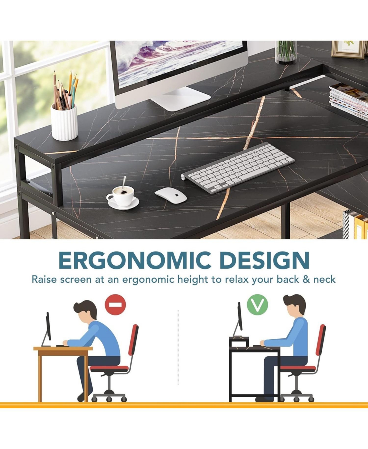 Tribesigns 53 Inch Reversible Shaped Desk with Storage Shelf,Shelves and Monitor Stand, Gaming Desk for Home Office