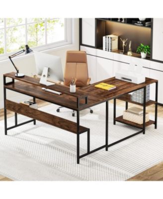 Reversible Corner Computer Desk with Storage Shelves,59 Inch L Shaped Desk with Monitor Stand,Study Writing Table Workstation for Home Office, Rustic Brown