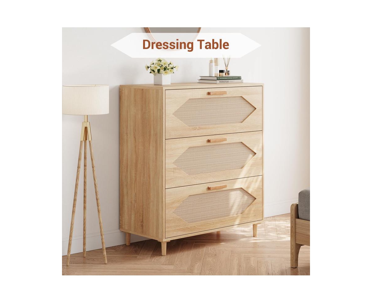 gaomon Dresser for Bedroom with 3 Drawers, Rattan Dresser with Spacious Storage, Modern Wooden Closet Dressers Chest of Drawers, Wood Nightstand for B