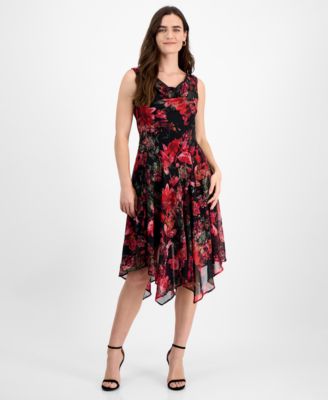 Robbie Bee - Petite Floral Cowlneck Asymmetric-Hem Midi Dress
