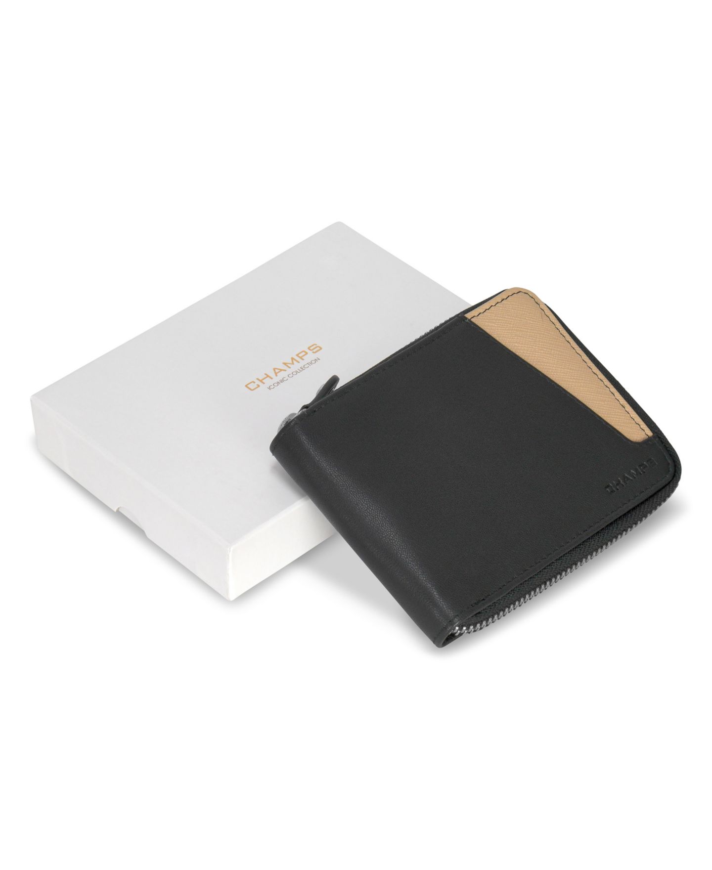 Мужской кошелёк CHAMPS Iconic Collection Leather Zip Around Wallet, цвет: Чёрный / Слоновая кость — фото 5