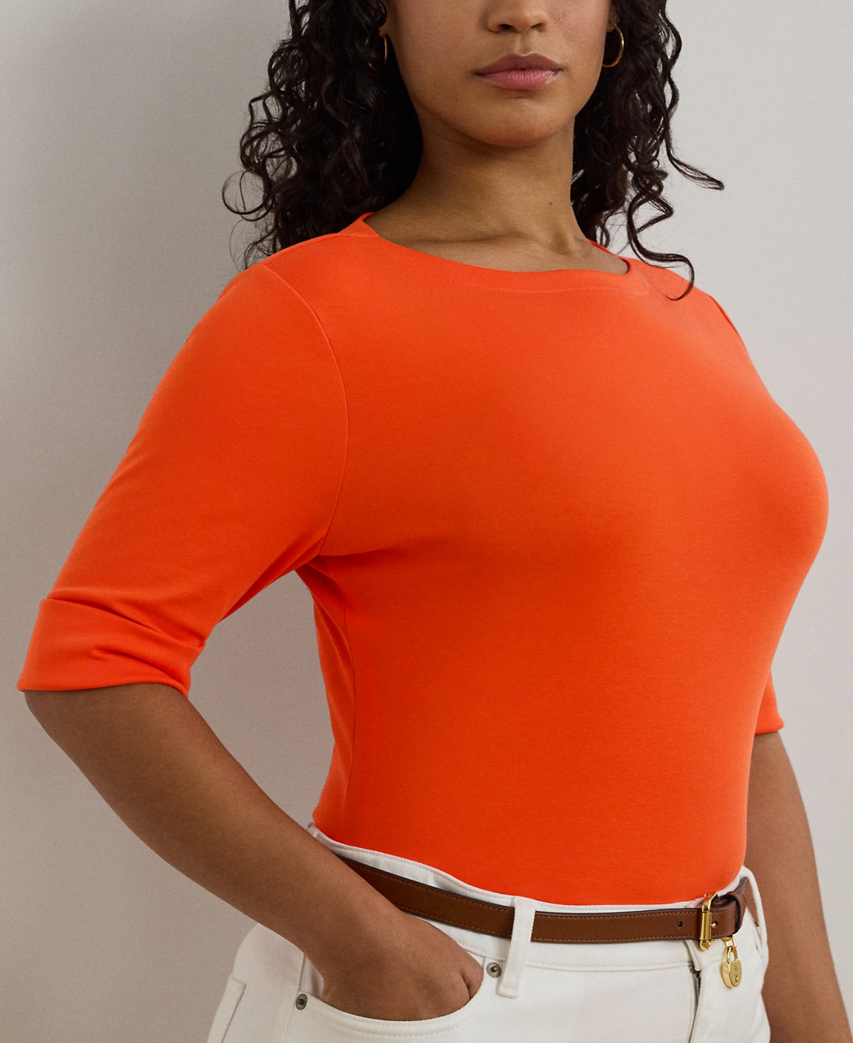 Ralph Lauren Plus Size Stretch Cotton Boatneck Tee In Orange Lily