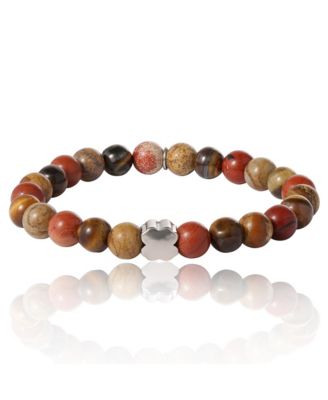 Red Jasper Mens Bracelet, Stretch Beaded Bracelet for Men with Clover Logo and Jasper Beads