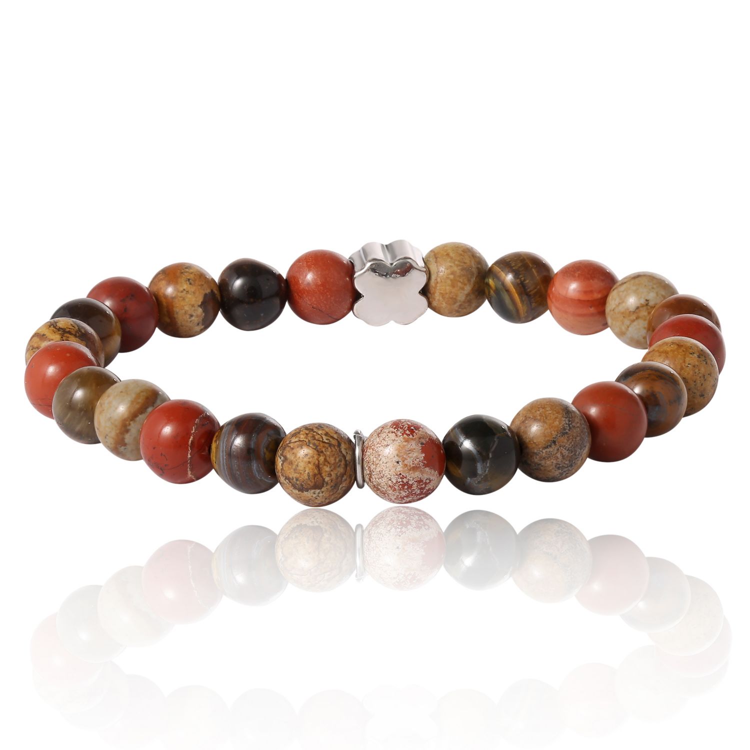 Red Jasper Mens Bracelet, Stretch Beaded Bracelet for Men with Clover Logo and Jasper Beads