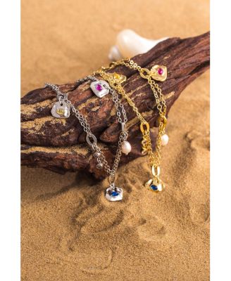 Iris Colored Cubic Zirconia and Freshwater Pearl Charms Anklet