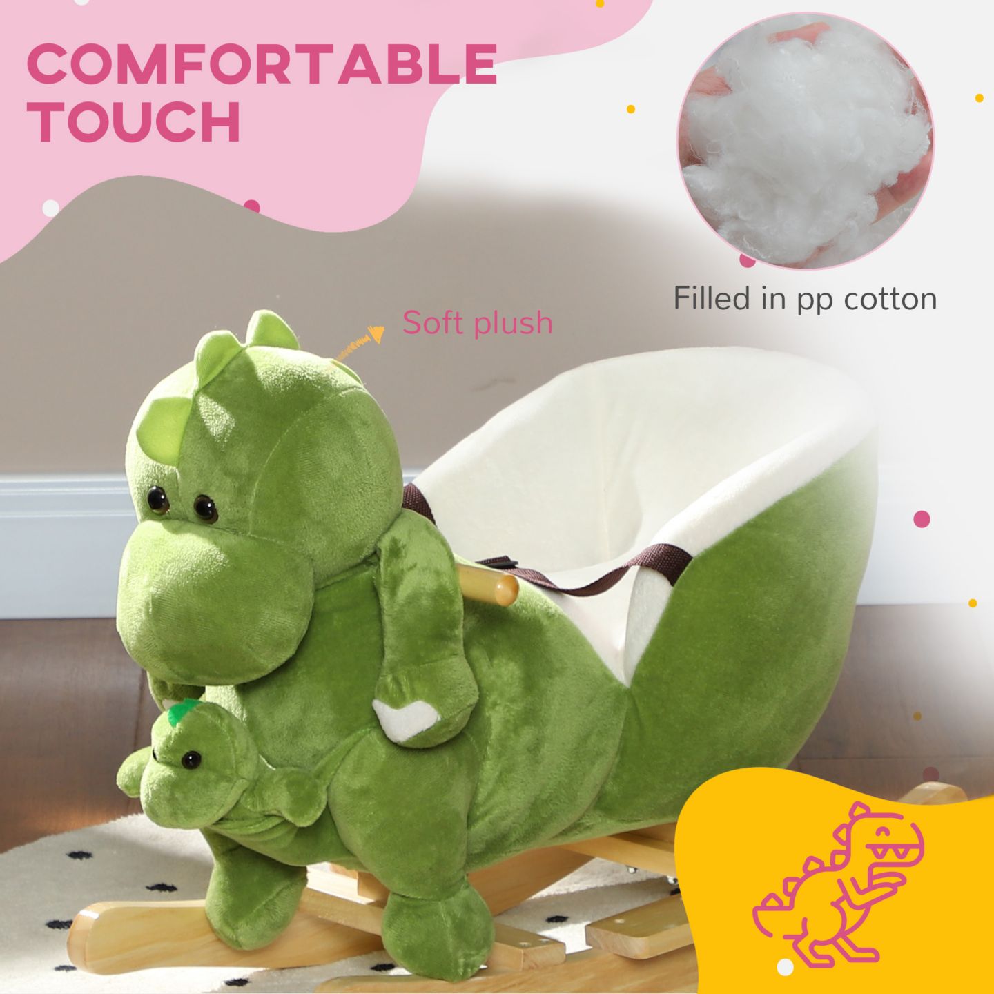 Детские игрушки Qaba Rocking Dinosaur, Wood Frame, with 32 Songs & Seat Belt, 55 lbs. Capacity, Ages 18-36 Months, цвет: Зелёный — фото 4