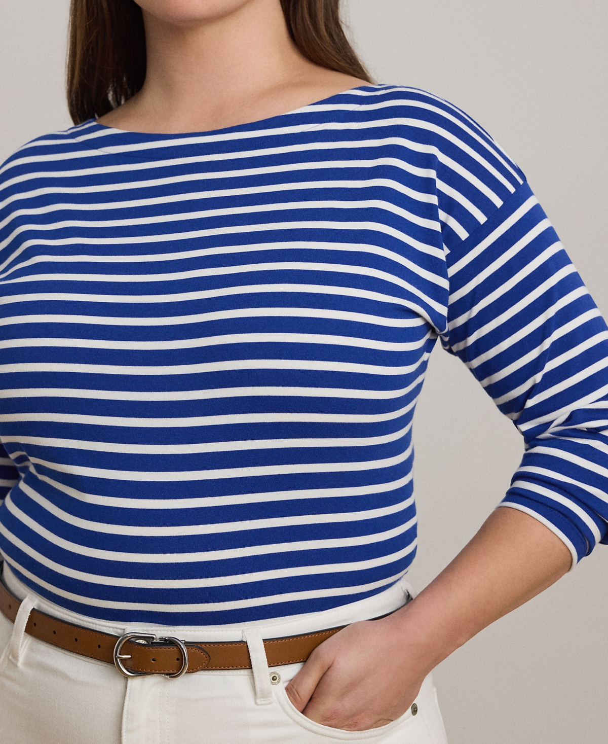 Lauren Ralph Lauren Plus Size Striped Cotton Jersey Boatneck Top -white