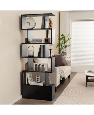 2PCS 6-Tier Shaped Bookshelf w/ Cabinet 6-Tier Tall Bookcase w/ Doors