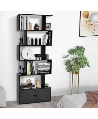 2PCS 6-Tier Shaped Bookshelf w/ Cabinet 6-Tier Tall Bookcase w/ Doors