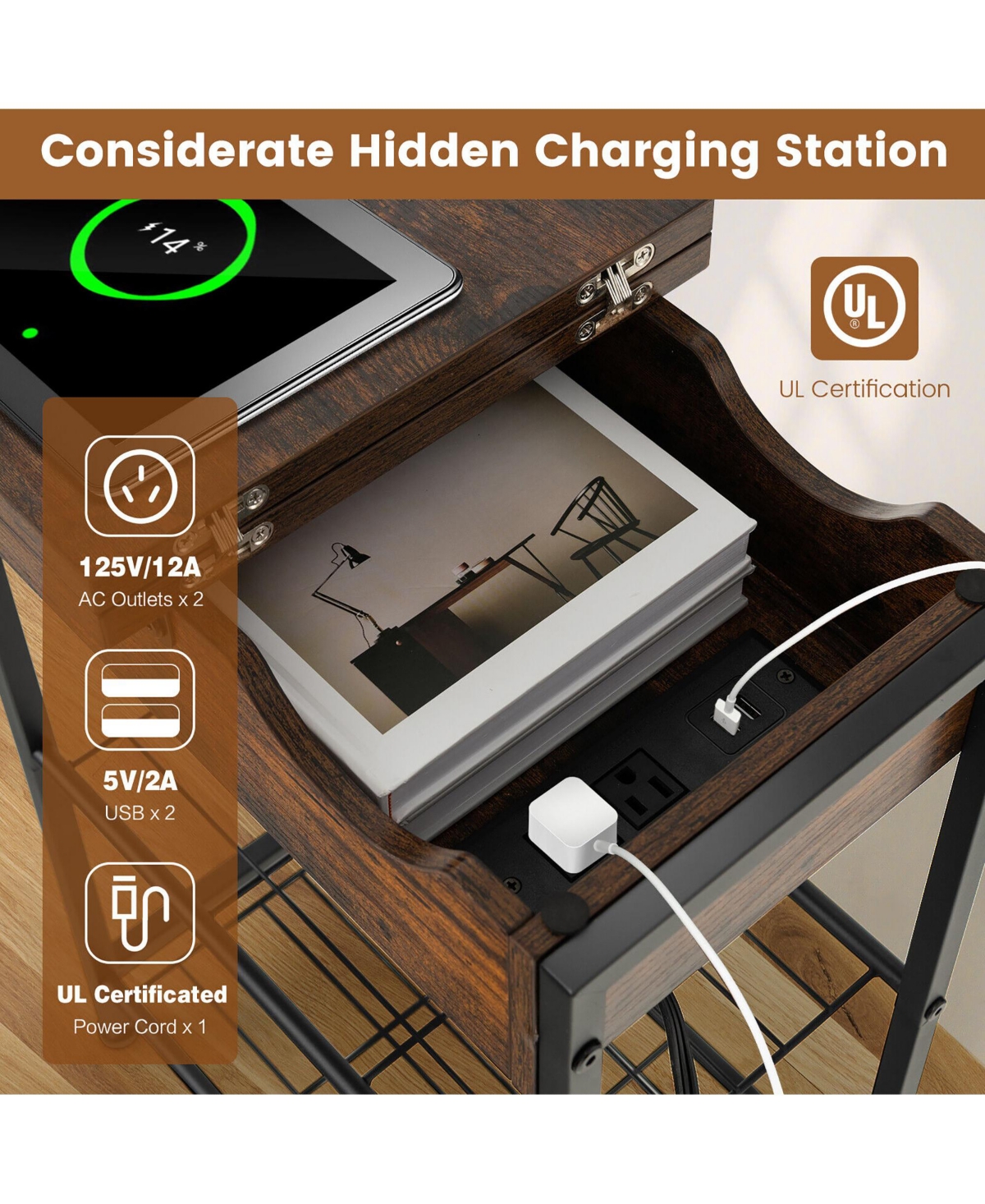 Gymax Side End Sofa Table Nightstand with Charging Station Flip-Up Top for Living Room