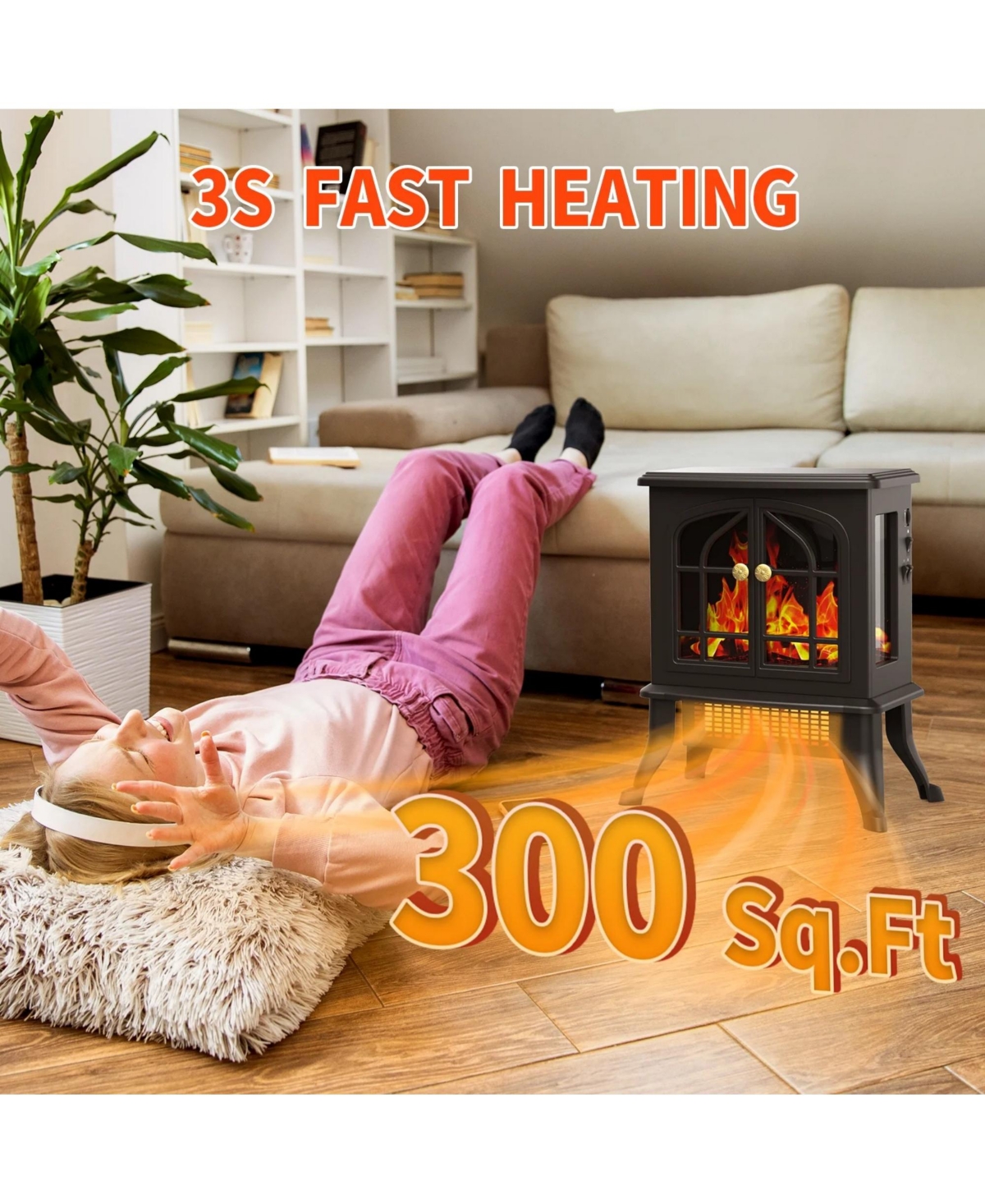 Sugift 2000W Electric Fireplace Stove Heater Space Heater with 3D Flame Effect