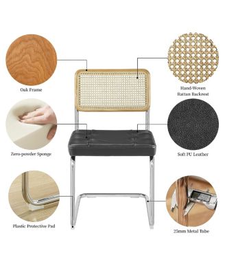 Set of 2 Rattan Dining Chairs Set Faux Leather Upholstered Mesh Back Cane Armless Chairs W/Chrome Metal Legs&Woven Backrest