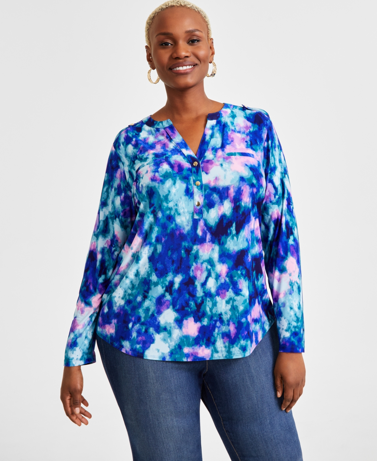 Inc International Concepts Plus Size Printed Long-sleeve Top, Exclusively At Macy's In Delia Combo
