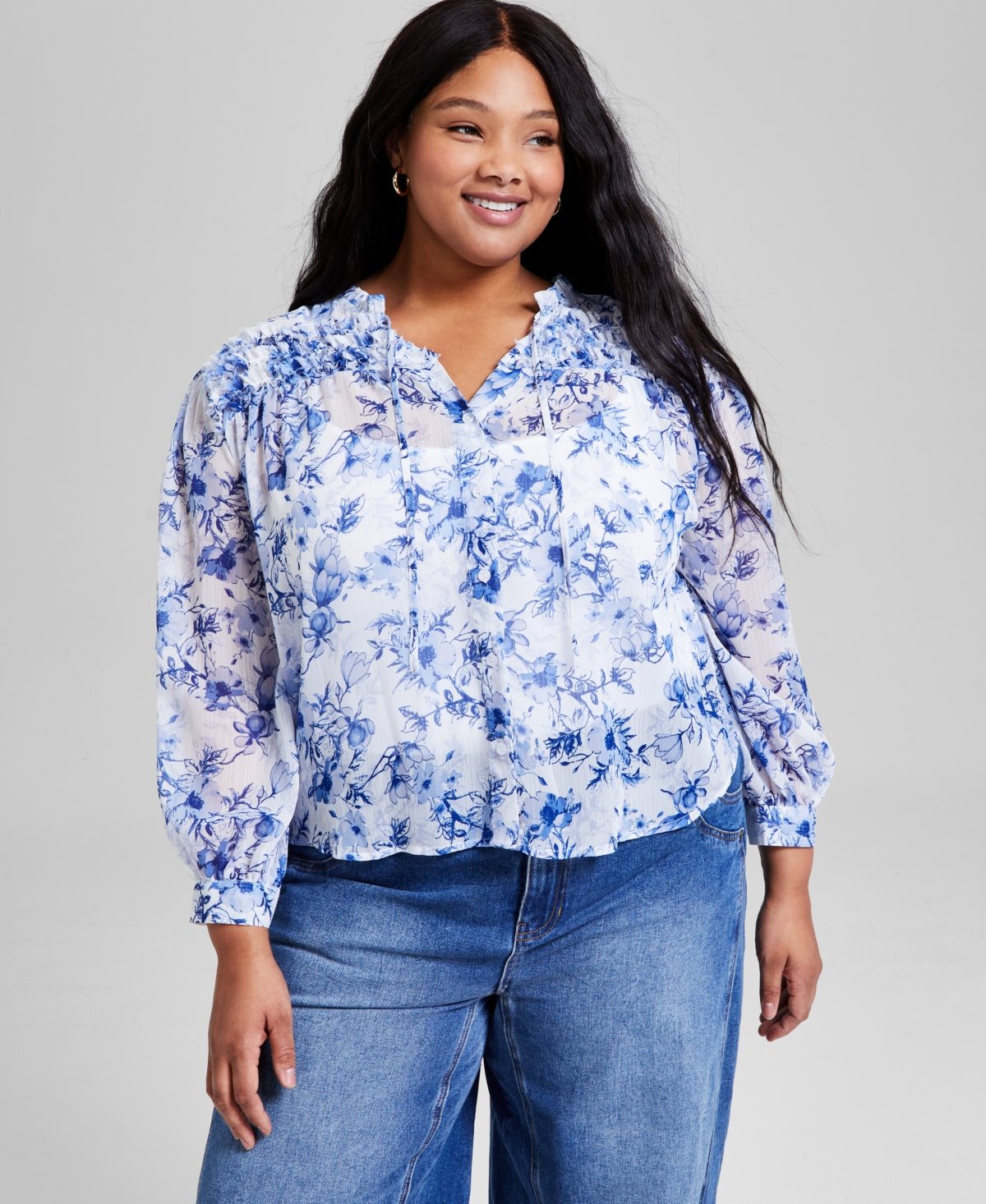 Trendy Plus Size Ruffled Button-Front Top, Exclusively at Macy's - Crimson Floral