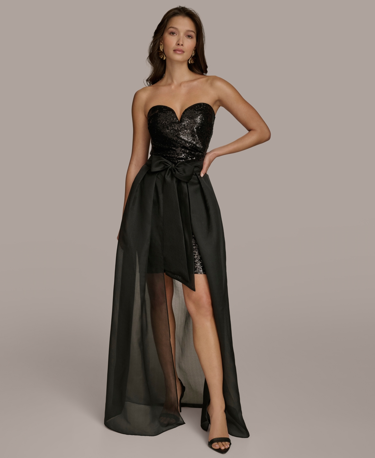 Donna Karan Women's Sequin Organza-overlay Bow-waist Gown In Black
