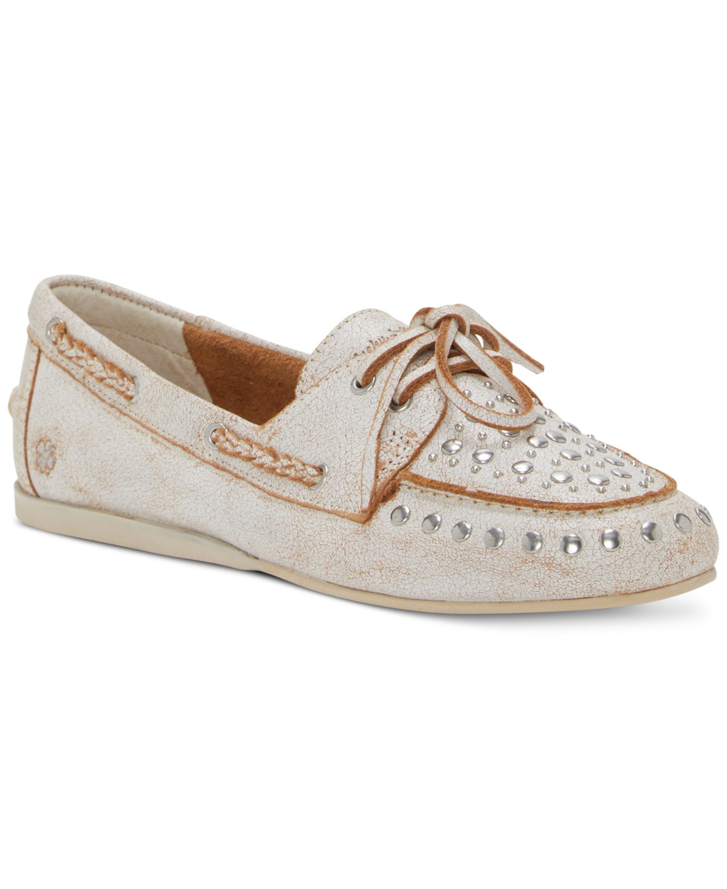 Женские туфли Lucky Brand Timini Studded Moccasin Boat Shoe, цвет: Белый кожаный — фото 1