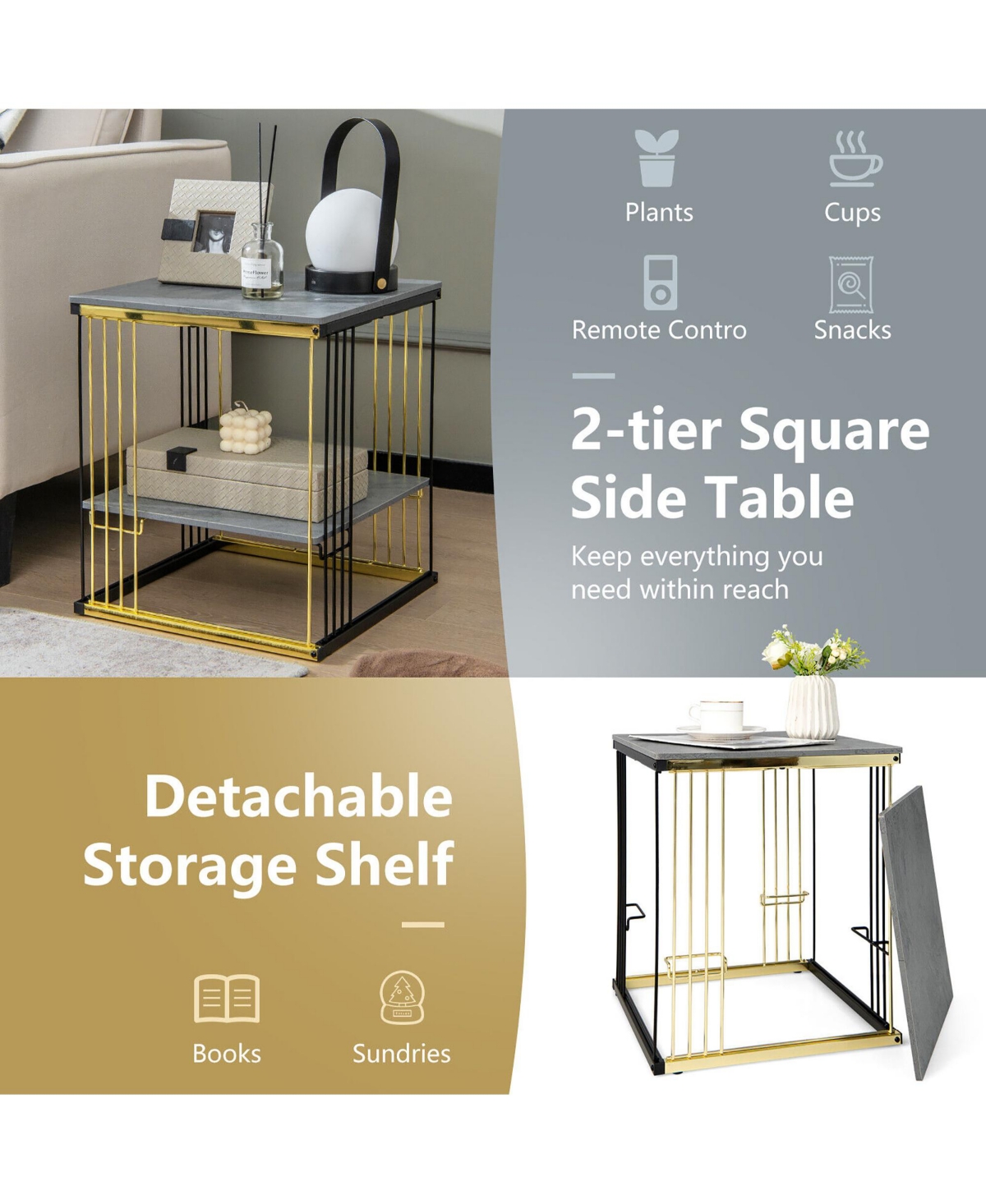 Gymax 2-tier Side End Coffee Table Square Nightstand for Living Room Bedroom - Grey+black+golden