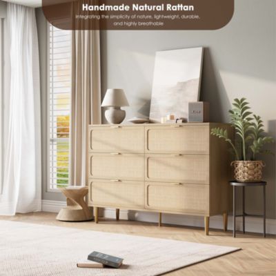 6 Drawer  metal Rattan Dresser for Bedroom, Large Double Dresser with Deep Drawers, Chest of Drawers