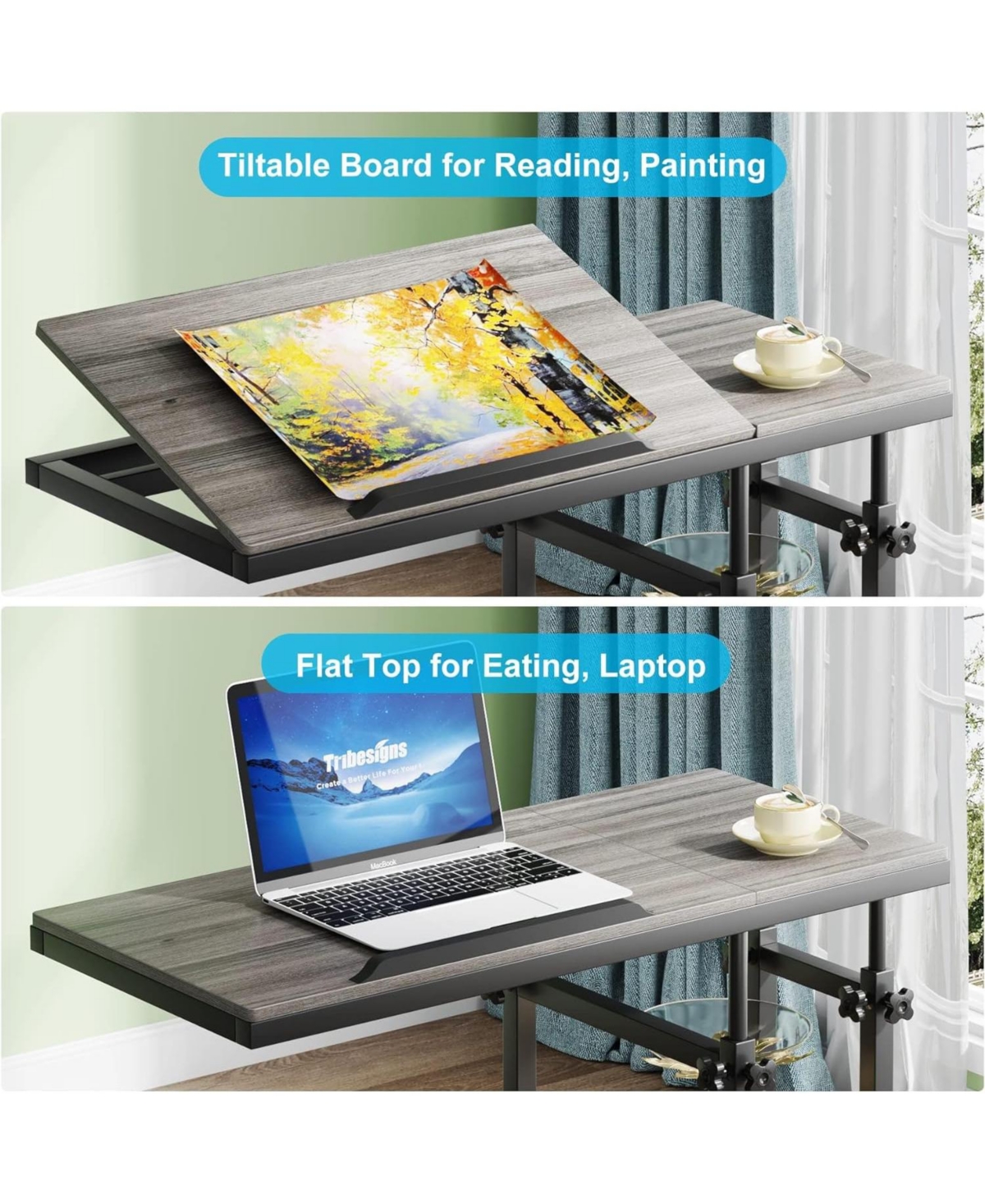 Tribesigns Height Adjustable C Table with Wheels and Tiltable Drawing Board, Sofa Bedside Laptop Stand C Shaped Tv Tray with Storage Shelves