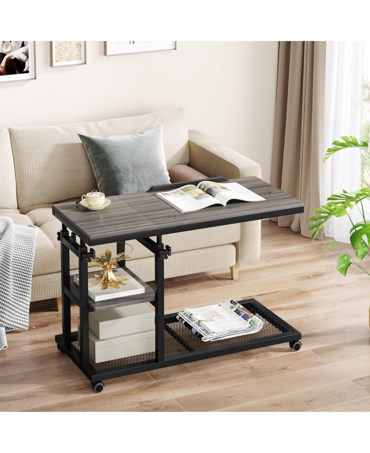 Tribesigns Height Adjustable C Table with Wheels and Tiltable Drawing Board, Sofa Bedside Laptop Stand C Shaped Tv Tray with Storage Shelves