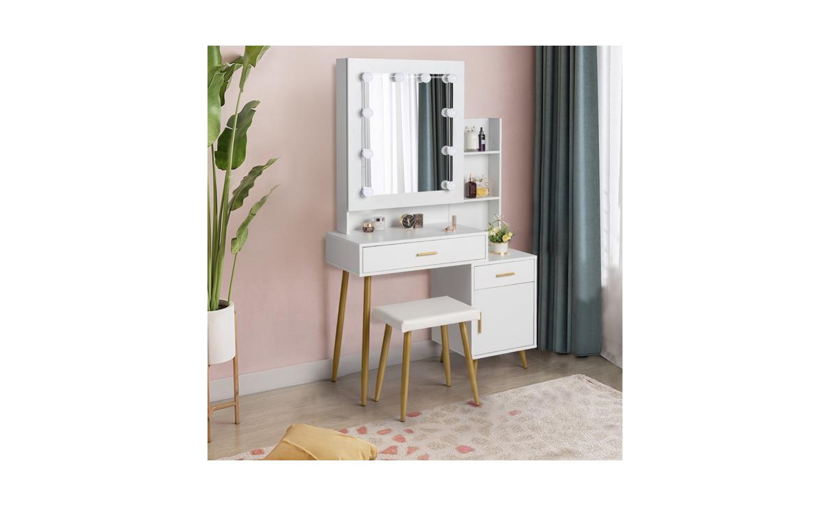 Slickblue Triamine Veneer Mirror Cabinet with Iron Legs 2 Drawers, 1 Door, and 2 Shelves for Stylish Storage